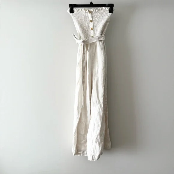 Faithfull The Brand Lais Linen Smocked Belted Jumpsuit in Ecru sz US 2